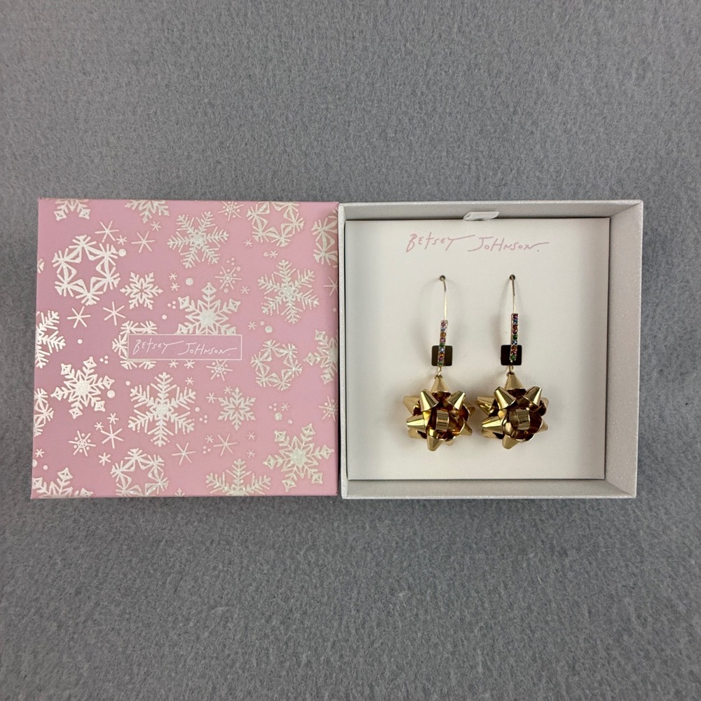 Betsey Johnson Drop Earrings Holiday Bow Gold Tone Rainbow Crystal Holiday Party